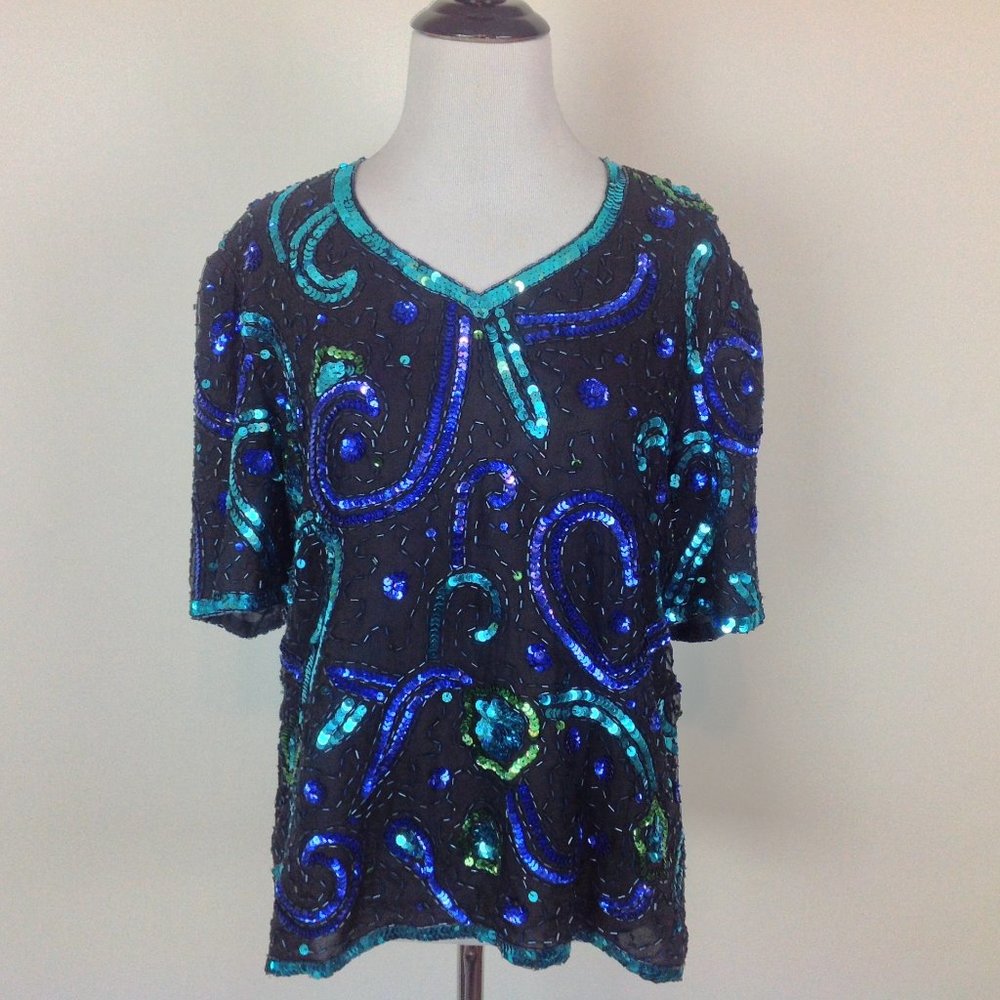 Vtg Mark & John Silk Sequined Beaded Top Womens M